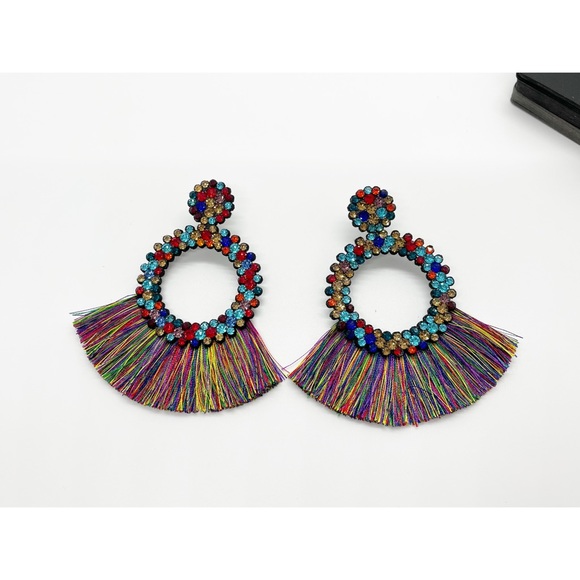 New Multicolored Round Fringe Dangle Stud Earrings - Picture 5 of 9